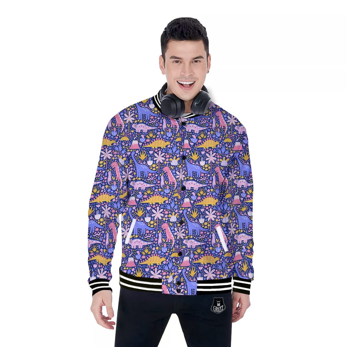 Floral And Cute Dinosaur Print Pattern Baseball Jacket-grizzshop