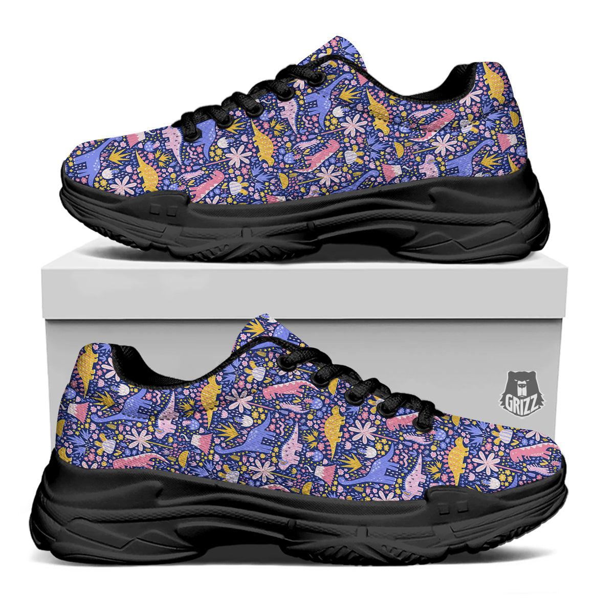Floral And Cute Dinosaur Print Pattern Black Chunky Shoes-grizzshop
