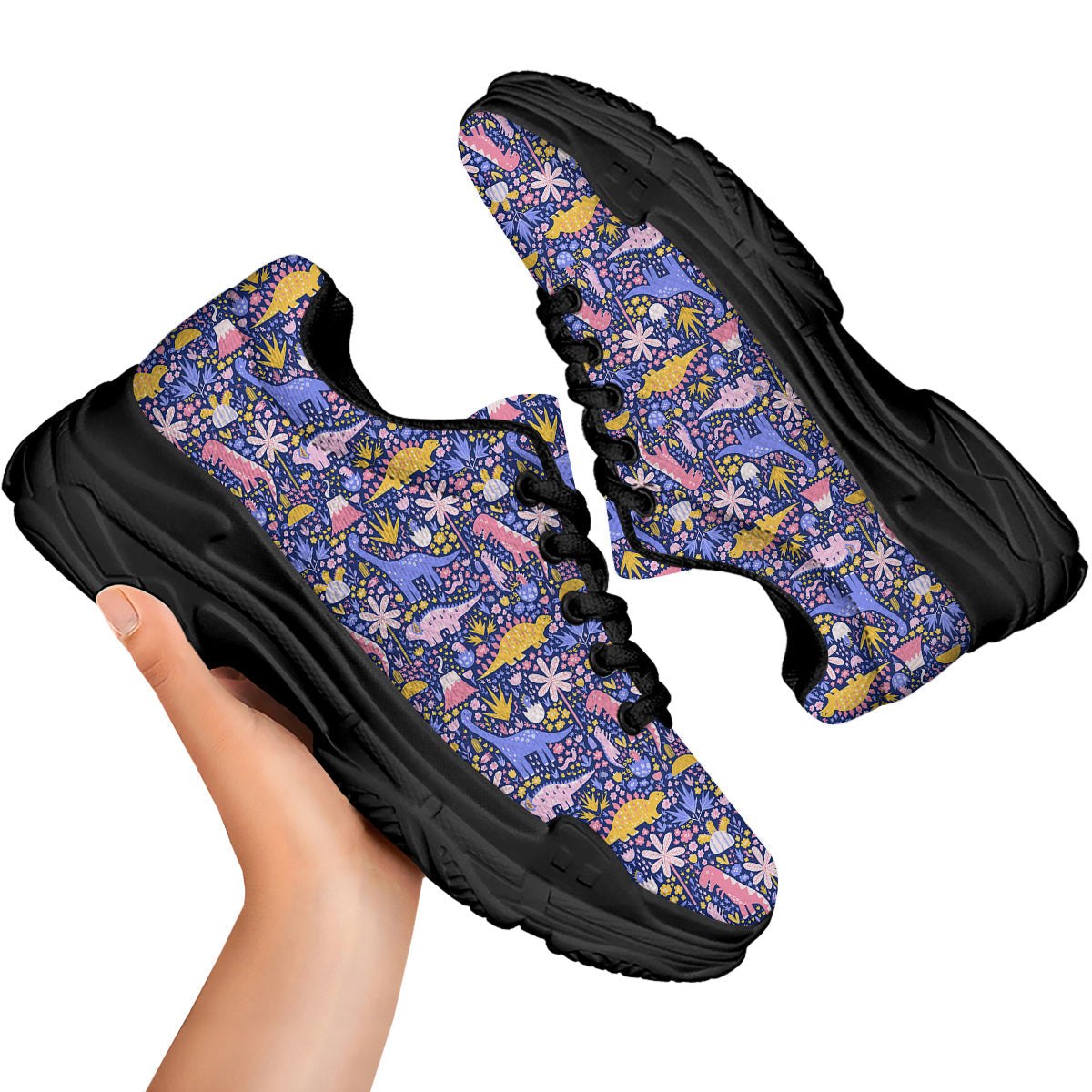 Floral And Cute Dinosaur Print Pattern Black Chunky Shoes-grizzshop