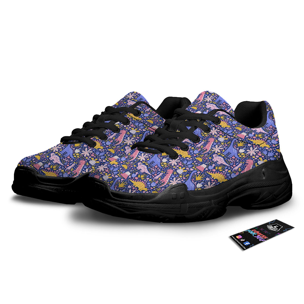 Floral And Cute Dinosaur Print Pattern Black Chunky Shoes-grizzshop