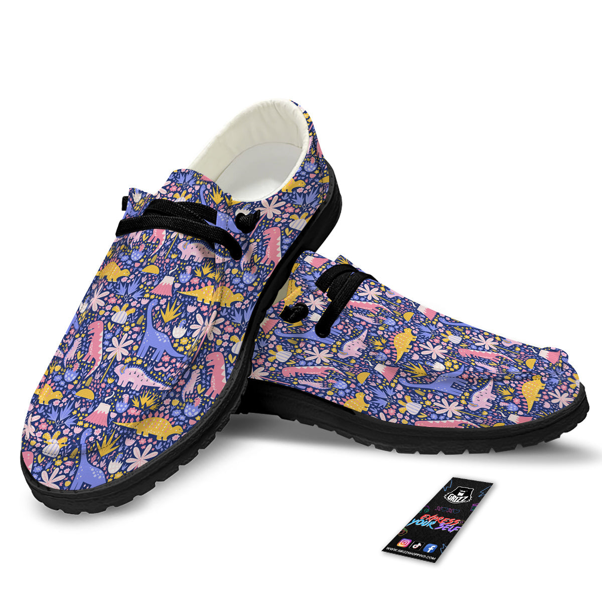 Floral And Cute Dinosaur Print Pattern Black Loafers-grizzshop