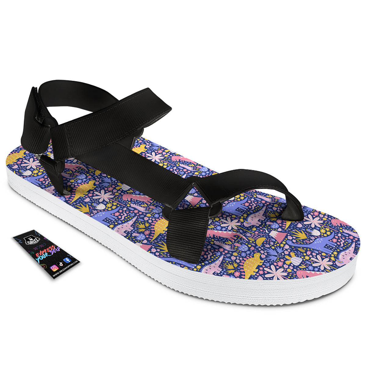 Floral And Cute Dinosaur Print Pattern Black Open Toe Sandals-grizzshop