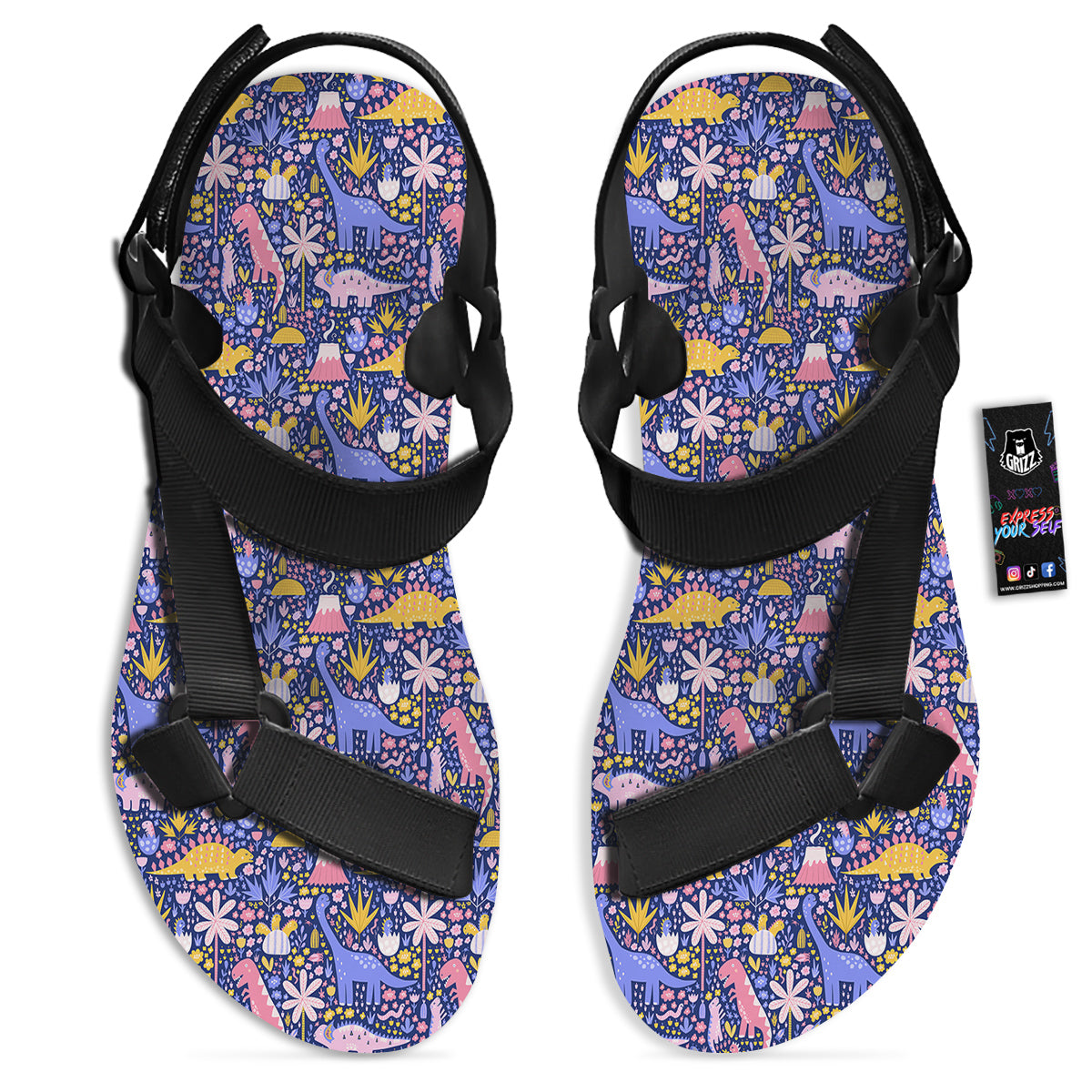Floral And Cute Dinosaur Print Pattern Black Open Toe Sandals-grizzshop