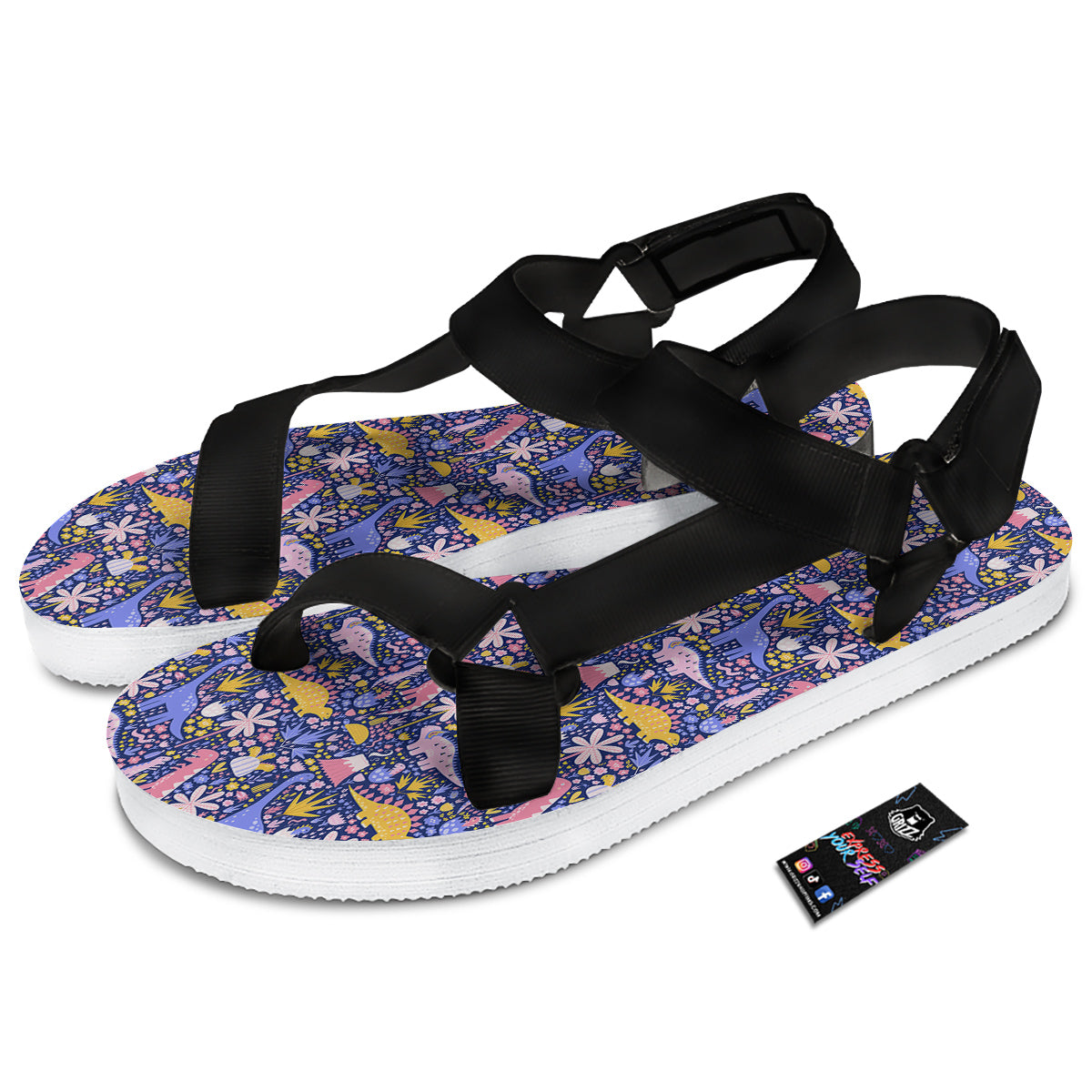 Floral And Cute Dinosaur Print Pattern Black Open Toe Sandals-grizzshop