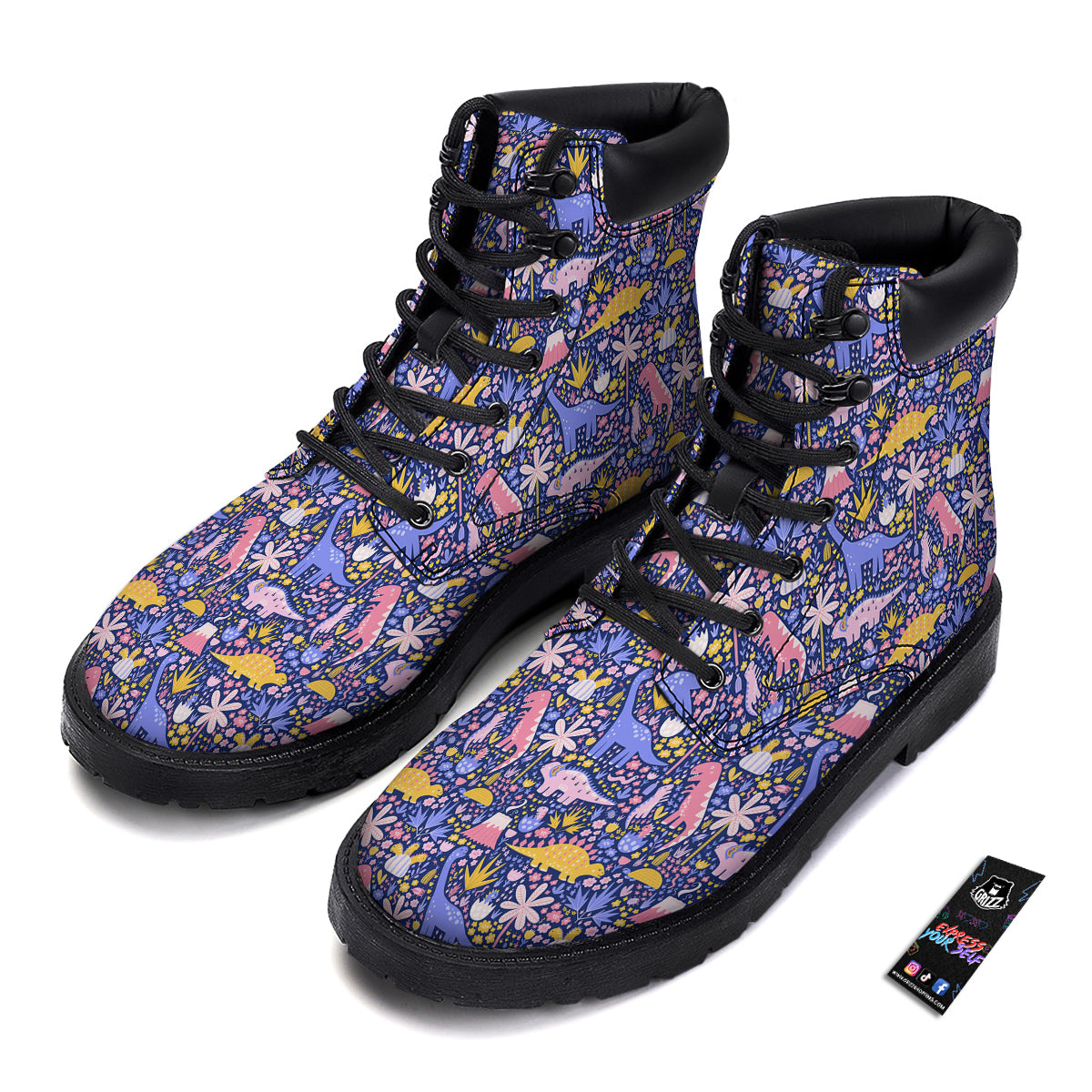 Floral And Cute Dinosaur Print Pattern Boots-grizzshop