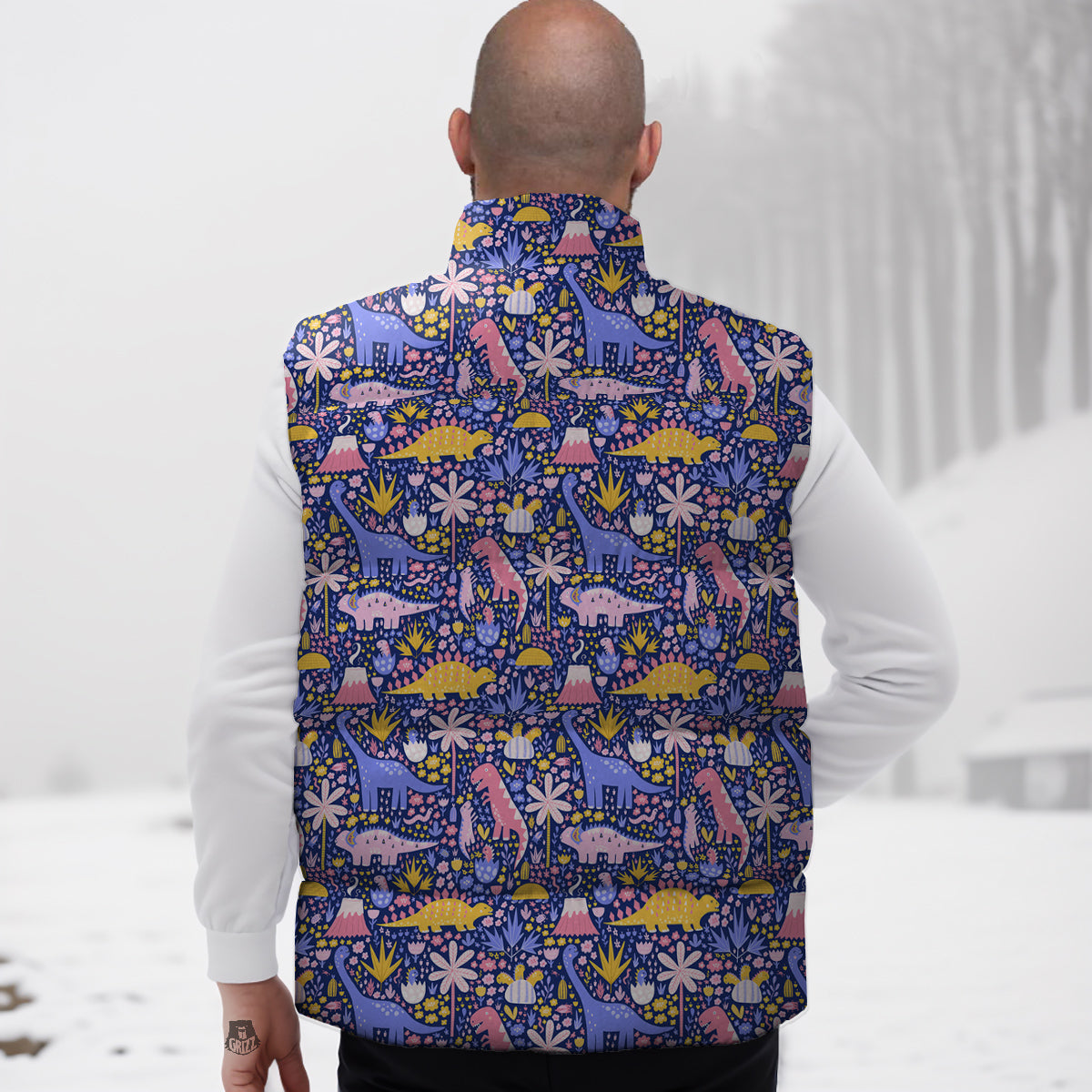 Floral And Cute Dinosaur Print Pattern Down Vest