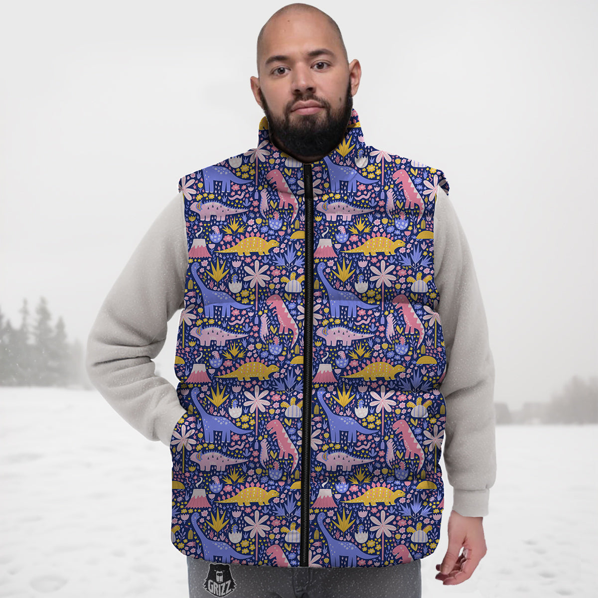 Floral And Cute Dinosaur Print Pattern Down Vest