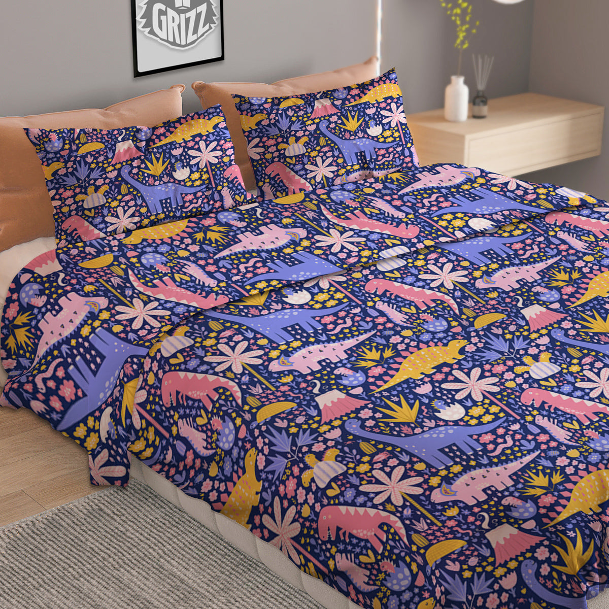 Floral And Cute Dinosaur Print Pattern Duvet Cover Bedding Set