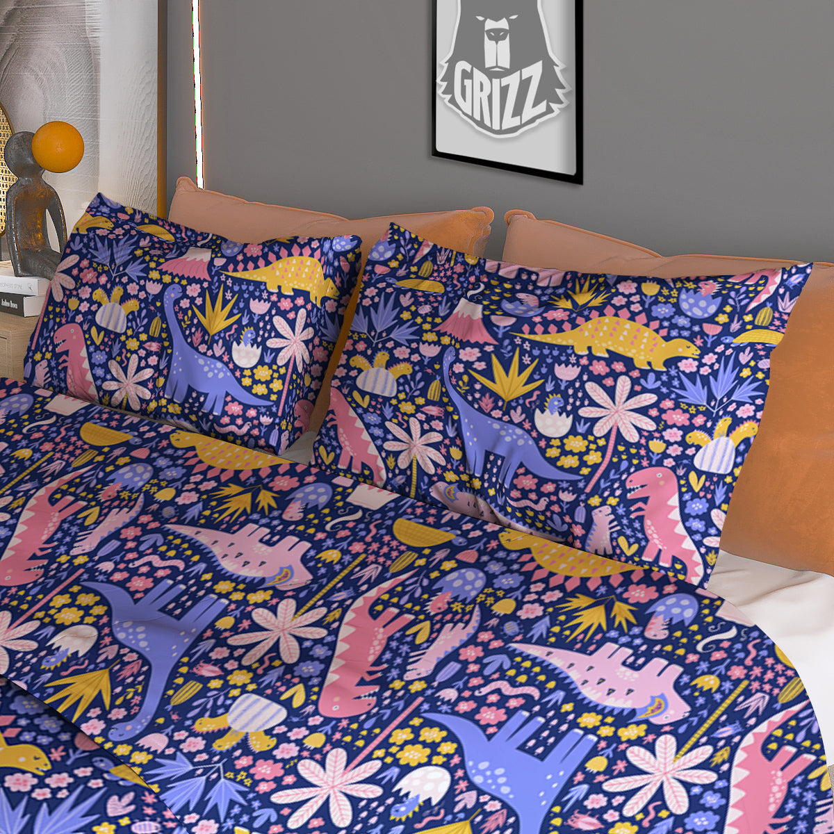 Floral And Cute Dinosaur Print Pattern Duvet Cover Bedding Set