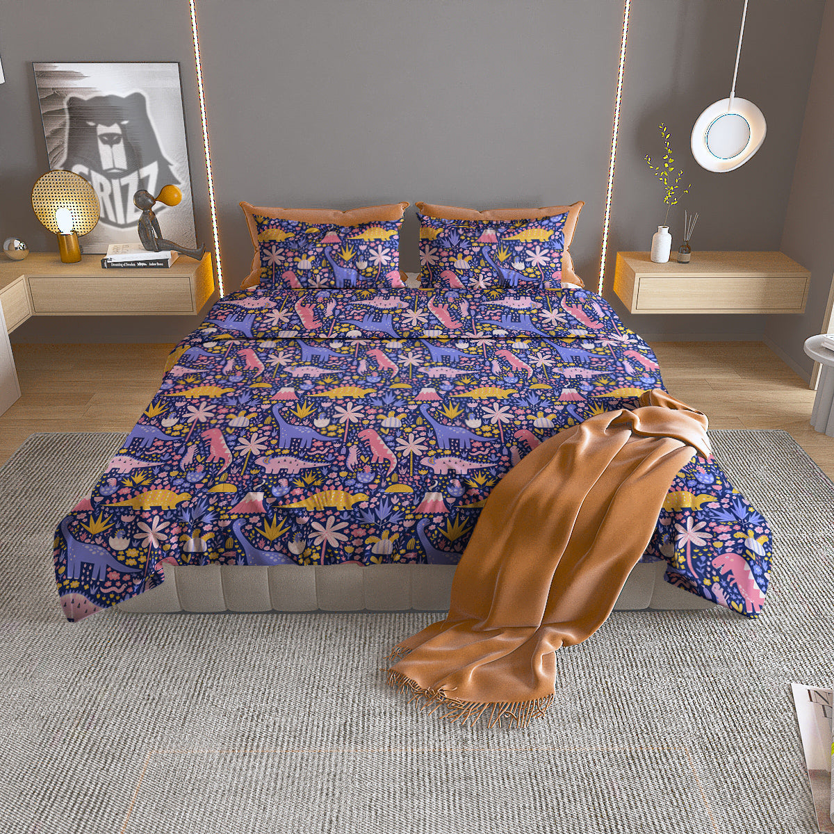 Floral And Cute Dinosaur Print Pattern Duvet Cover Bedding Set