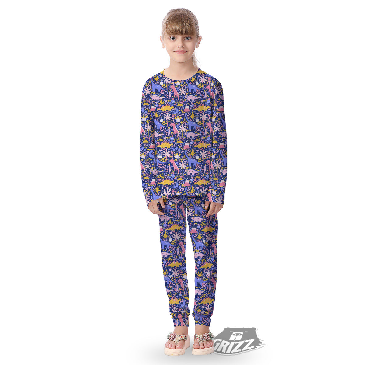 Floral And Cute Dinosaur Print Pattern Kid's Pajamas-grizzshop
