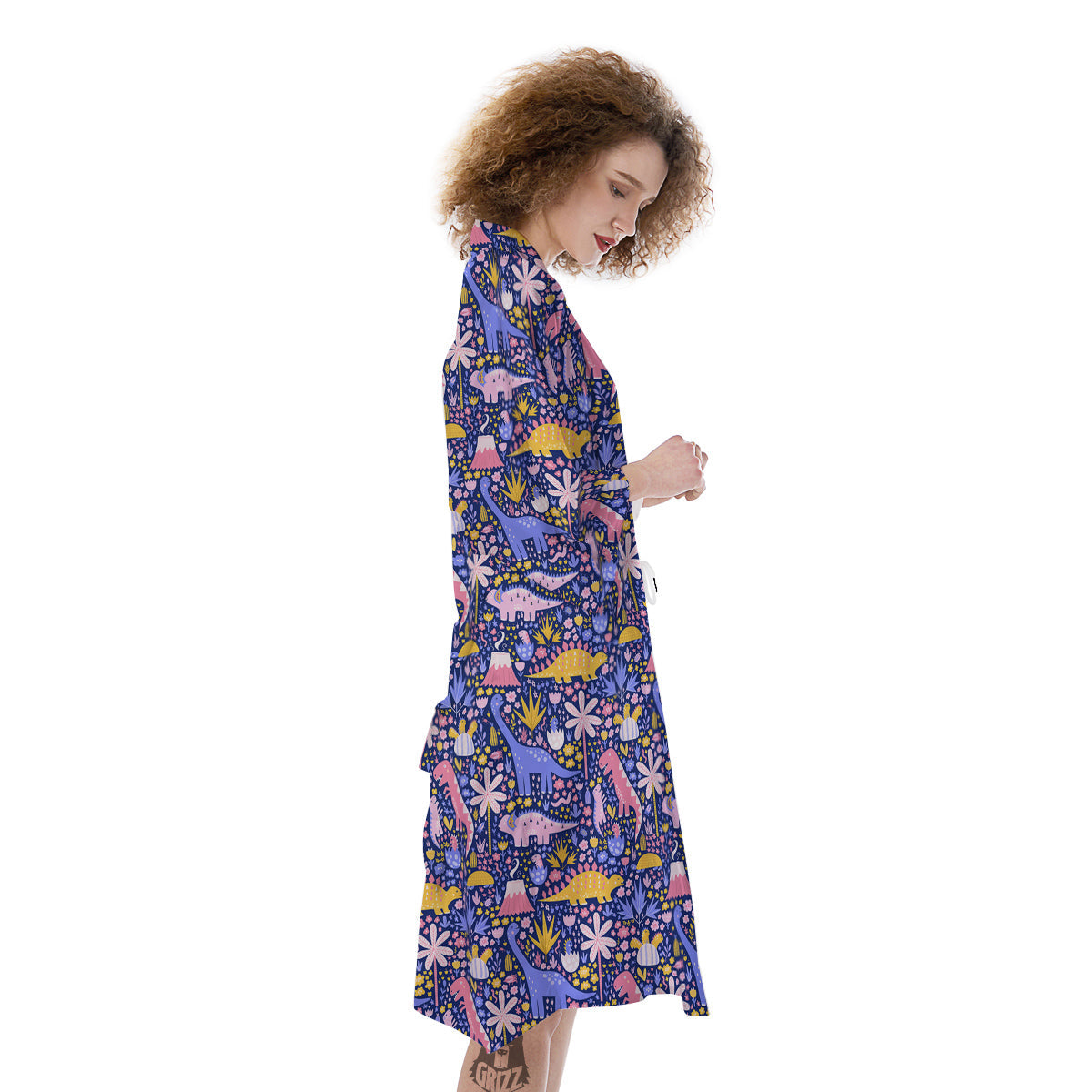 Floral And Cute Dinosaur Print Pattern Kimono-grizzshop