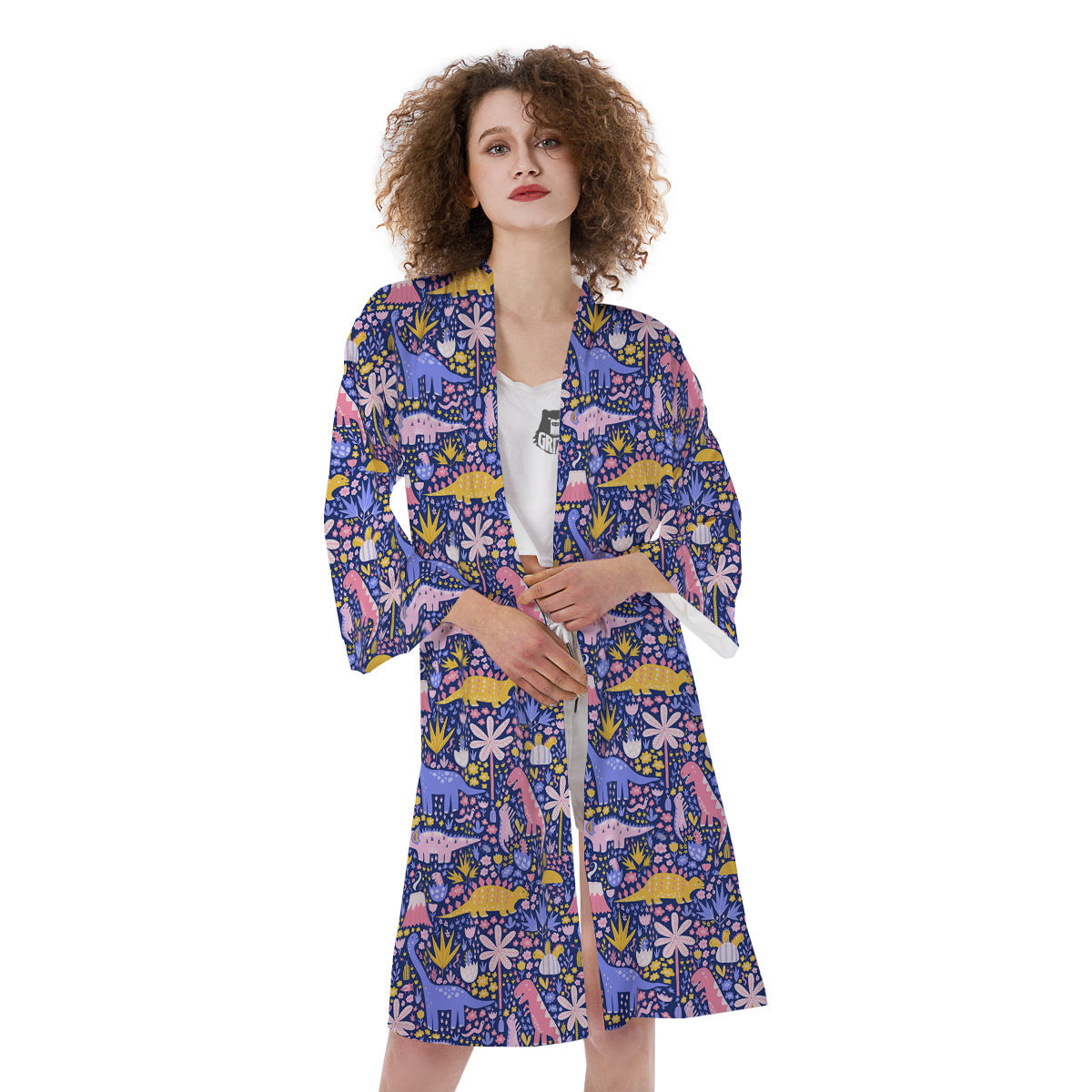 Floral And Cute Dinosaur Print Pattern Kimono-grizzshop