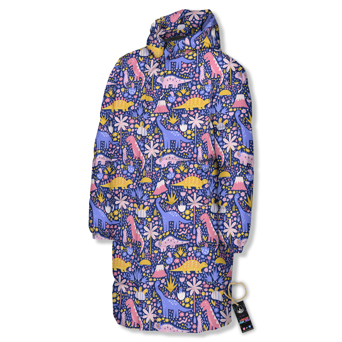 Floral And Cute Dinosaur Print Pattern Long Down Jacket-grizzshop