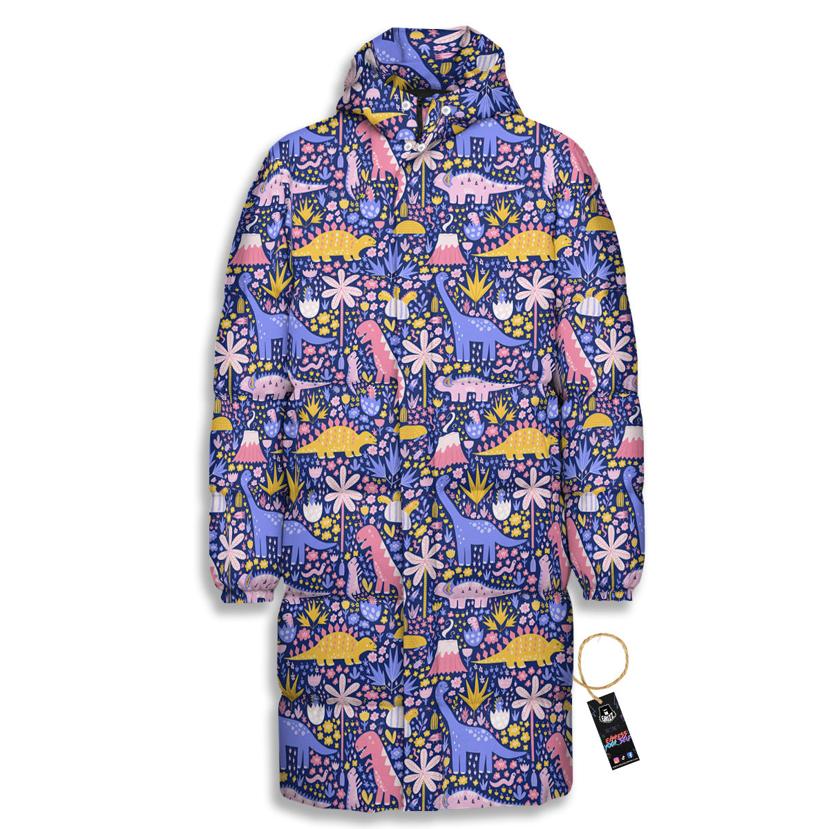 Floral And Cute Dinosaur Print Pattern Long Down Jacket-grizzshop