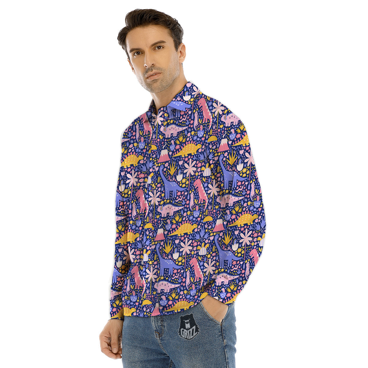Floral And Cute Dinosaur Print Pattern Men's Dress Shirts-grizzshop