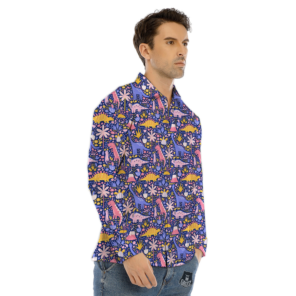 Floral And Cute Dinosaur Print Pattern Men's Dress Shirts-grizzshop