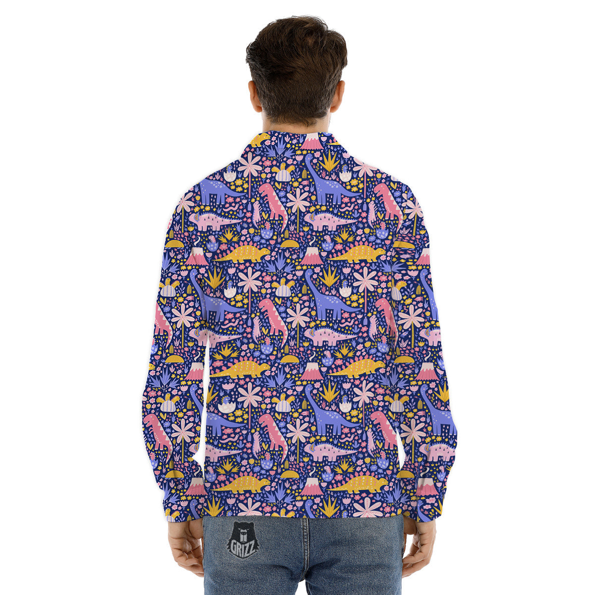 Floral And Cute Dinosaur Print Pattern Men's Dress Shirts-grizzshop