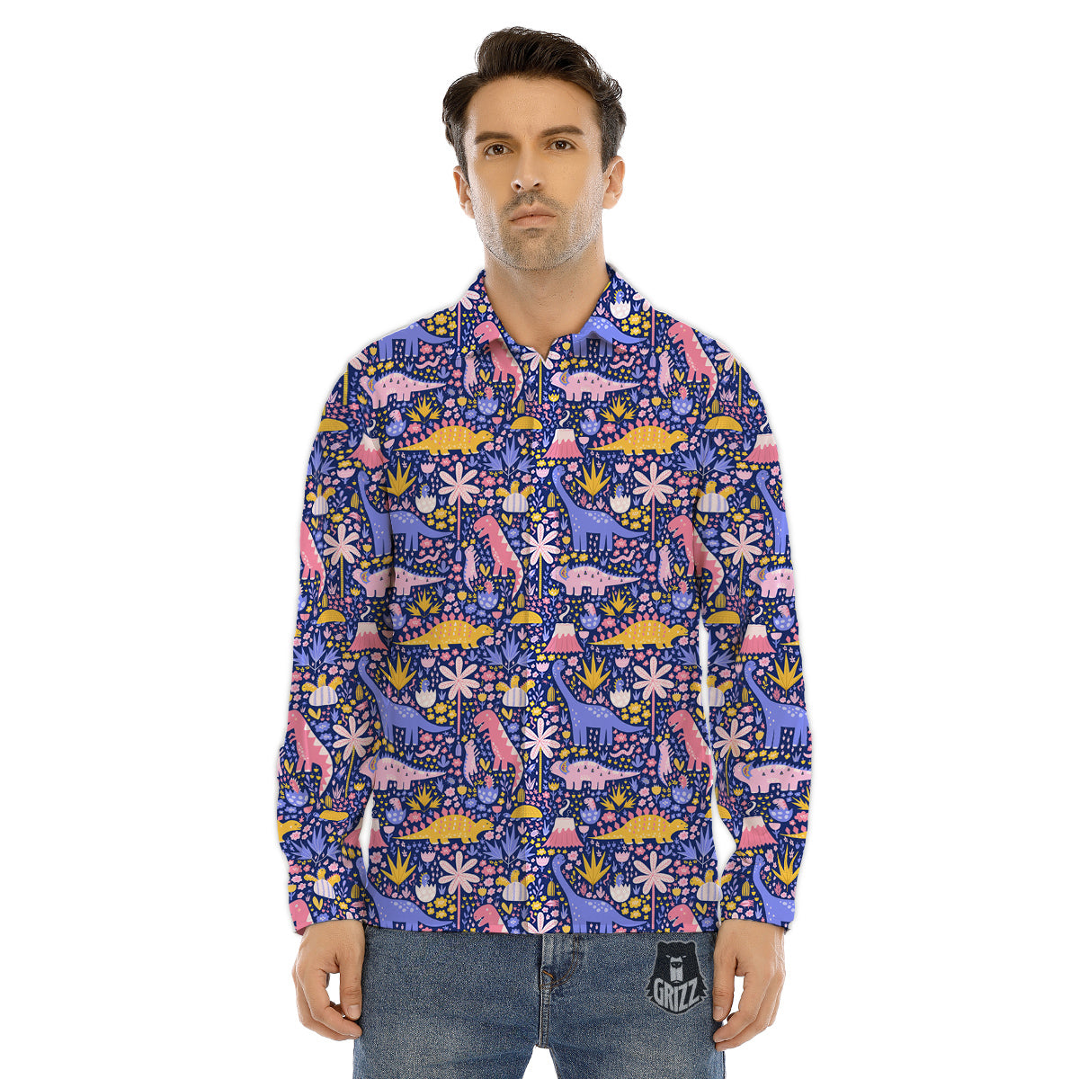 Floral And Cute Dinosaur Print Pattern Men's Dress Shirts-grizzshop