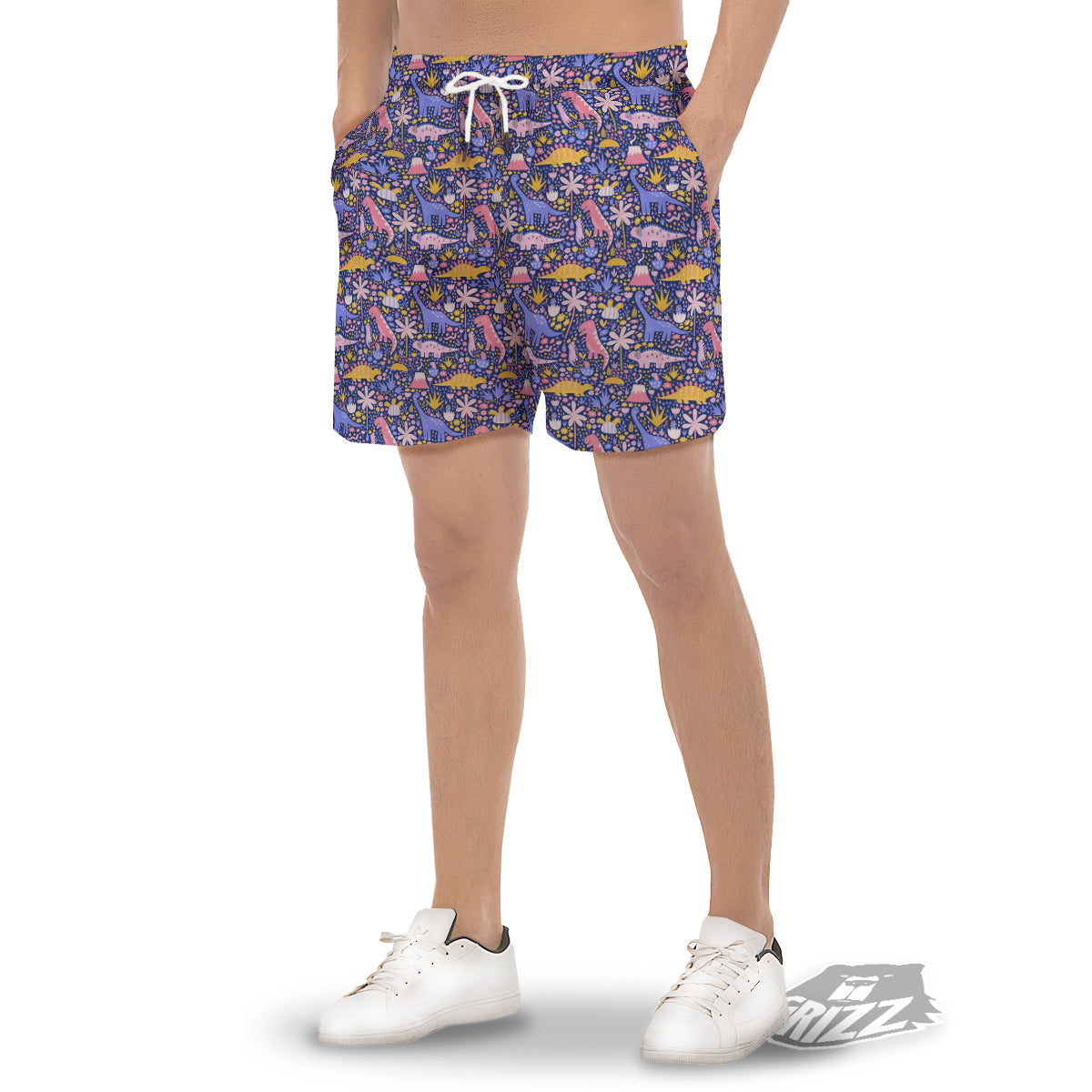 Floral And Cute Dinosaur Print Pattern Men's Gym Shorts-grizzshop