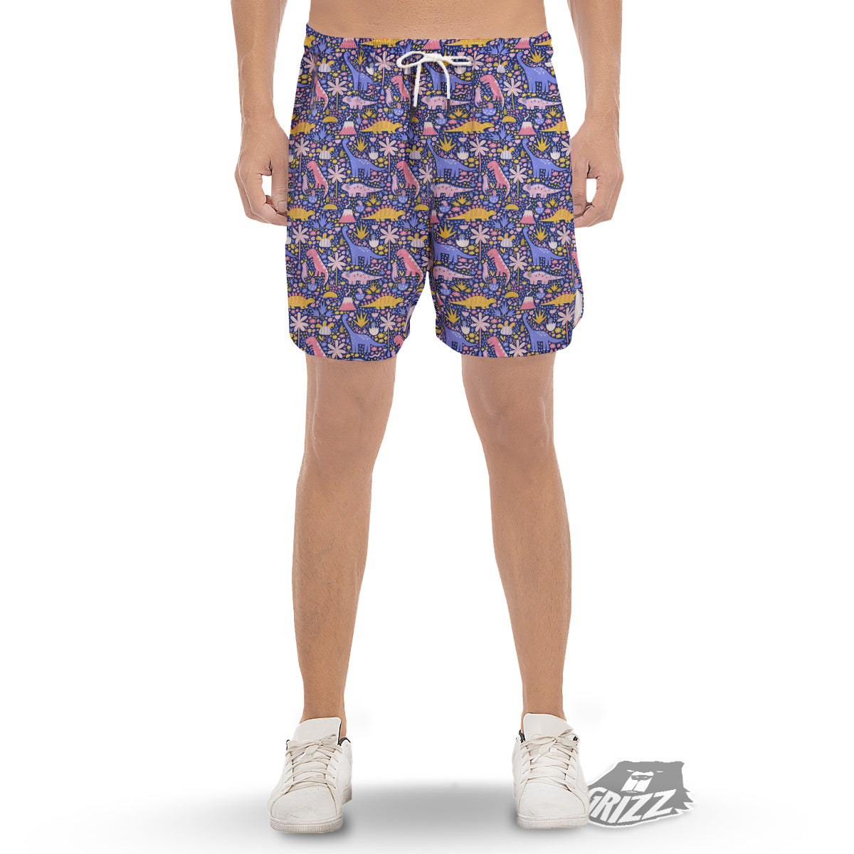 Floral And Cute Dinosaur Print Pattern Men's Gym Shorts-grizzshop