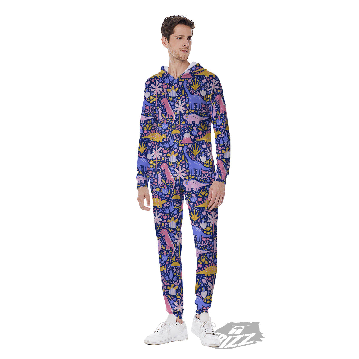 Floral And Cute Dinosaur Print Pattern Men's Jumpsuit-grizzshop
