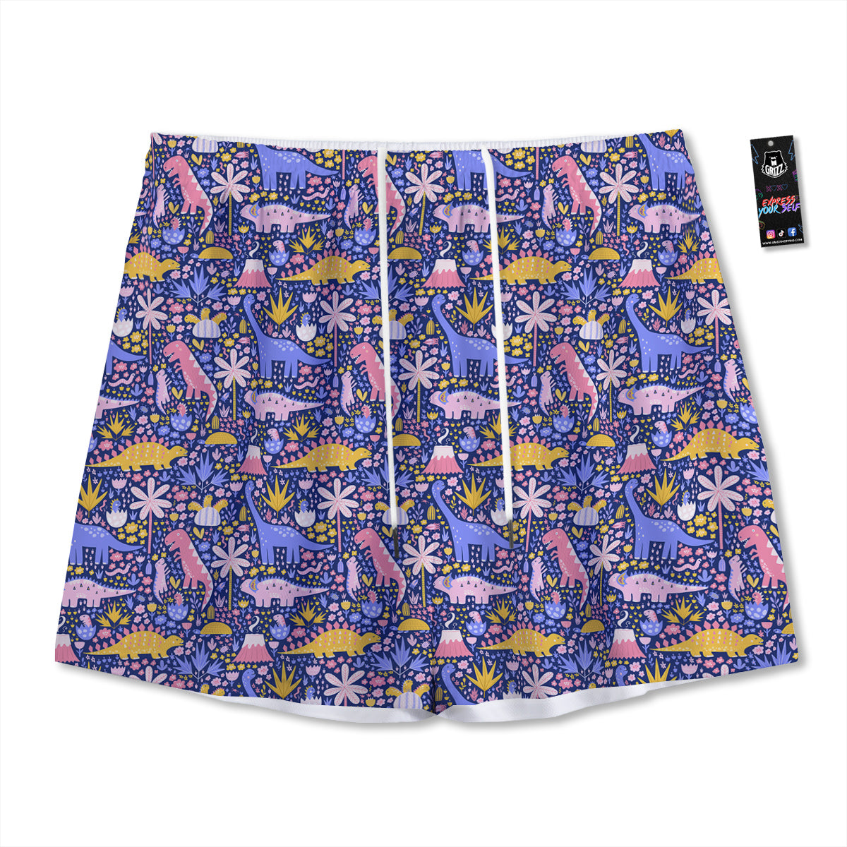 Floral And Cute Dinosaur Print Pattern Mesh Shorts