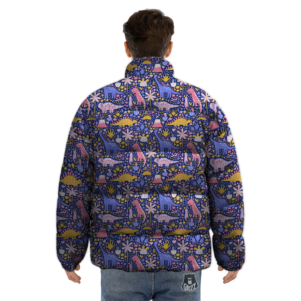 Floral And Cute Dinosaur Print Pattern Puffer Jacket-grizzshop