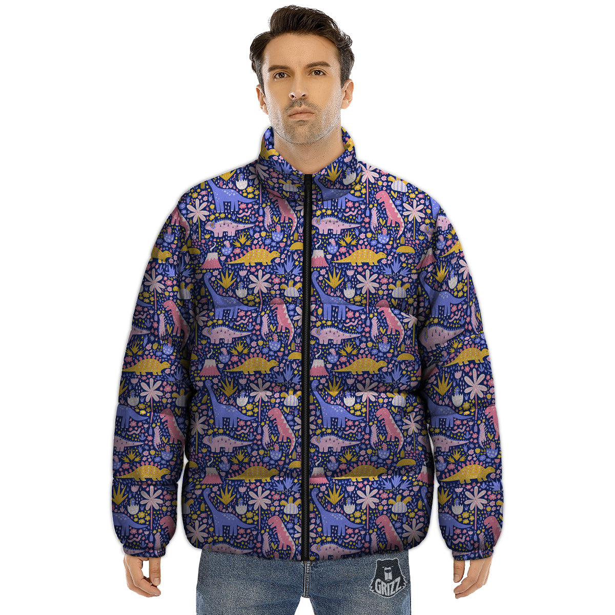 Floral And Cute Dinosaur Print Pattern Puffer Jacket-grizzshop