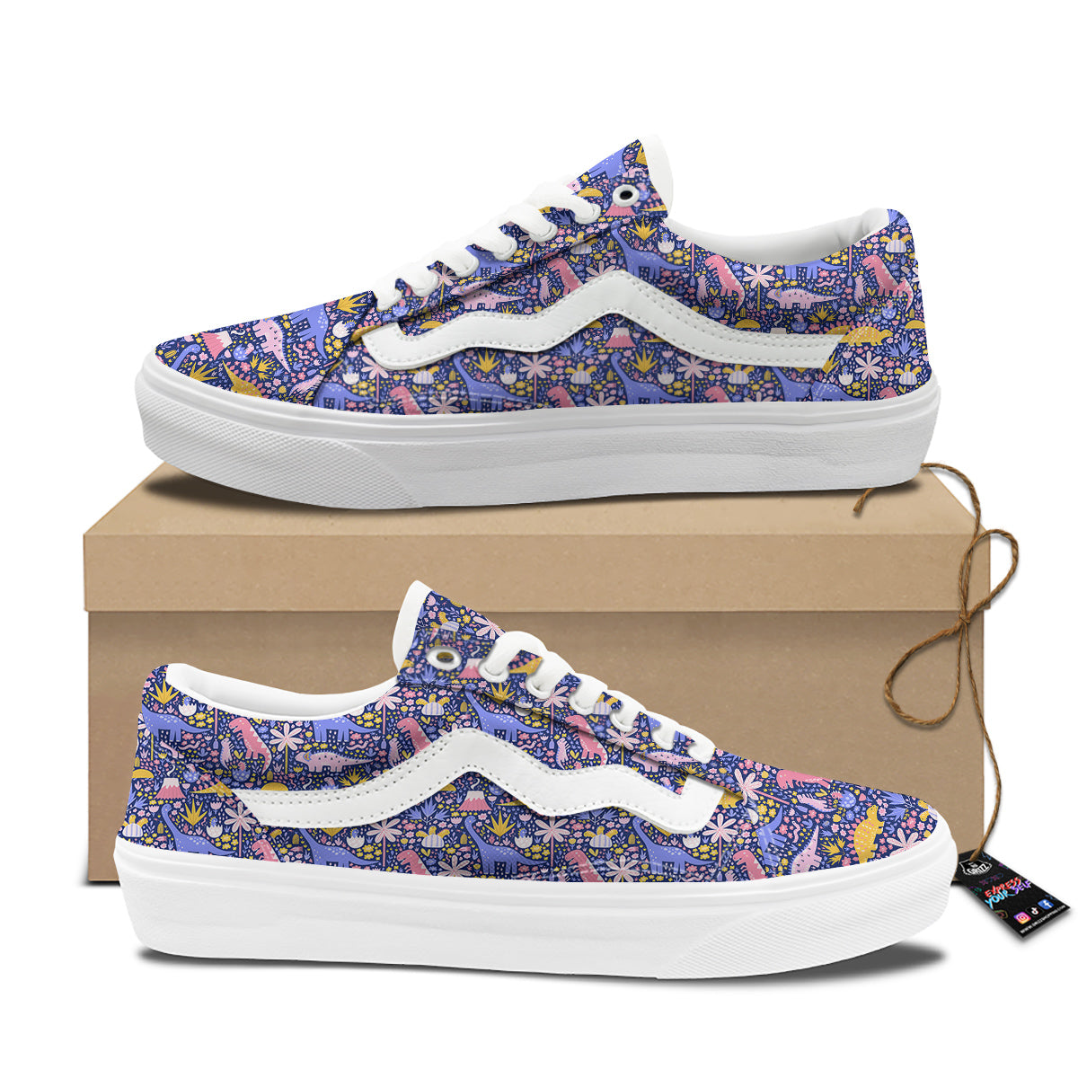 Floral And Cute Dinosaur Print Pattern Skate Shoes-grizzshop