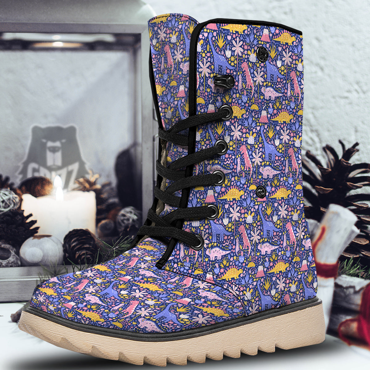 Floral And Cute Dinosaur Print Pattern Snow Boots-grizzshop