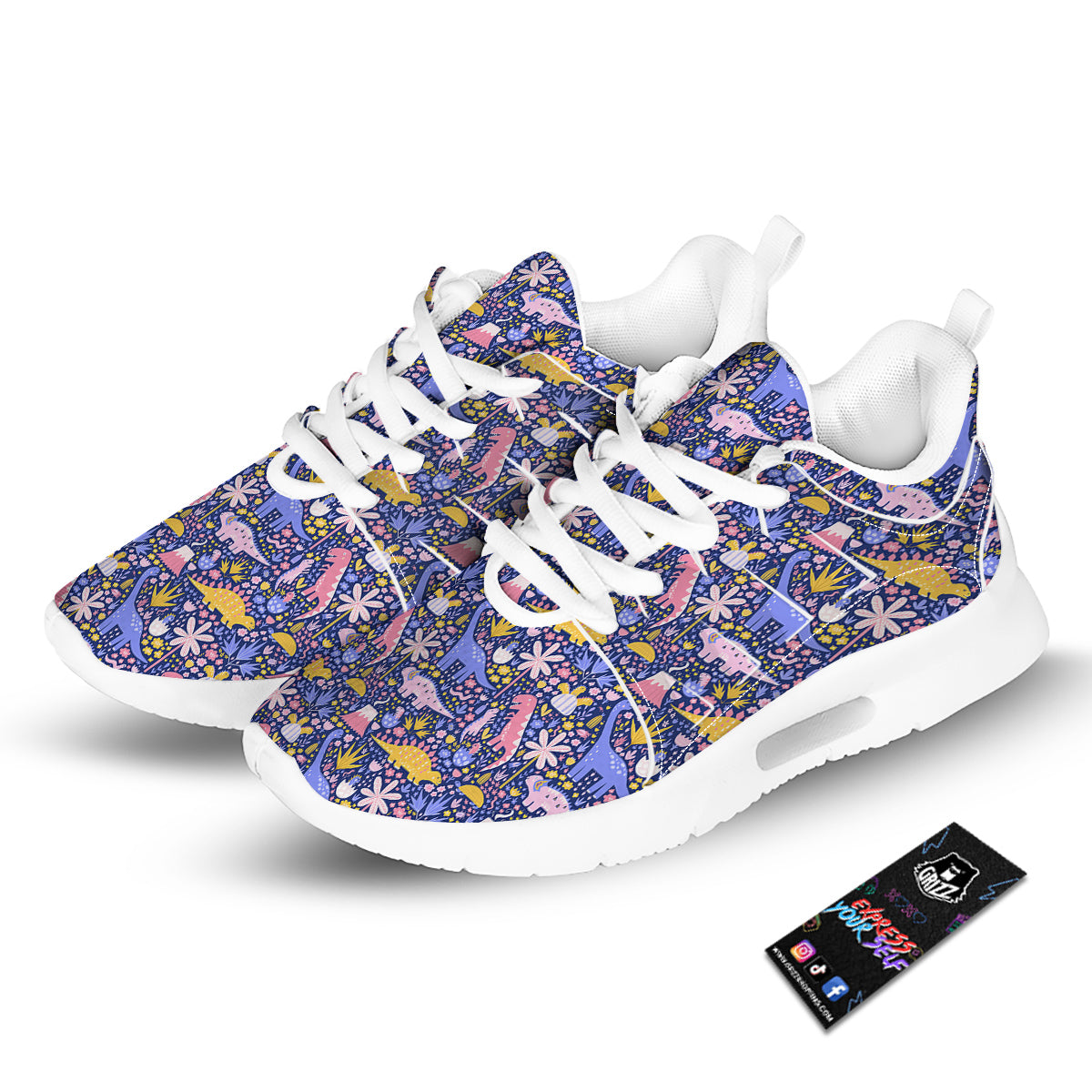 Floral And Cute Dinosaur Print Pattern Tennis Shoes-grizzshop