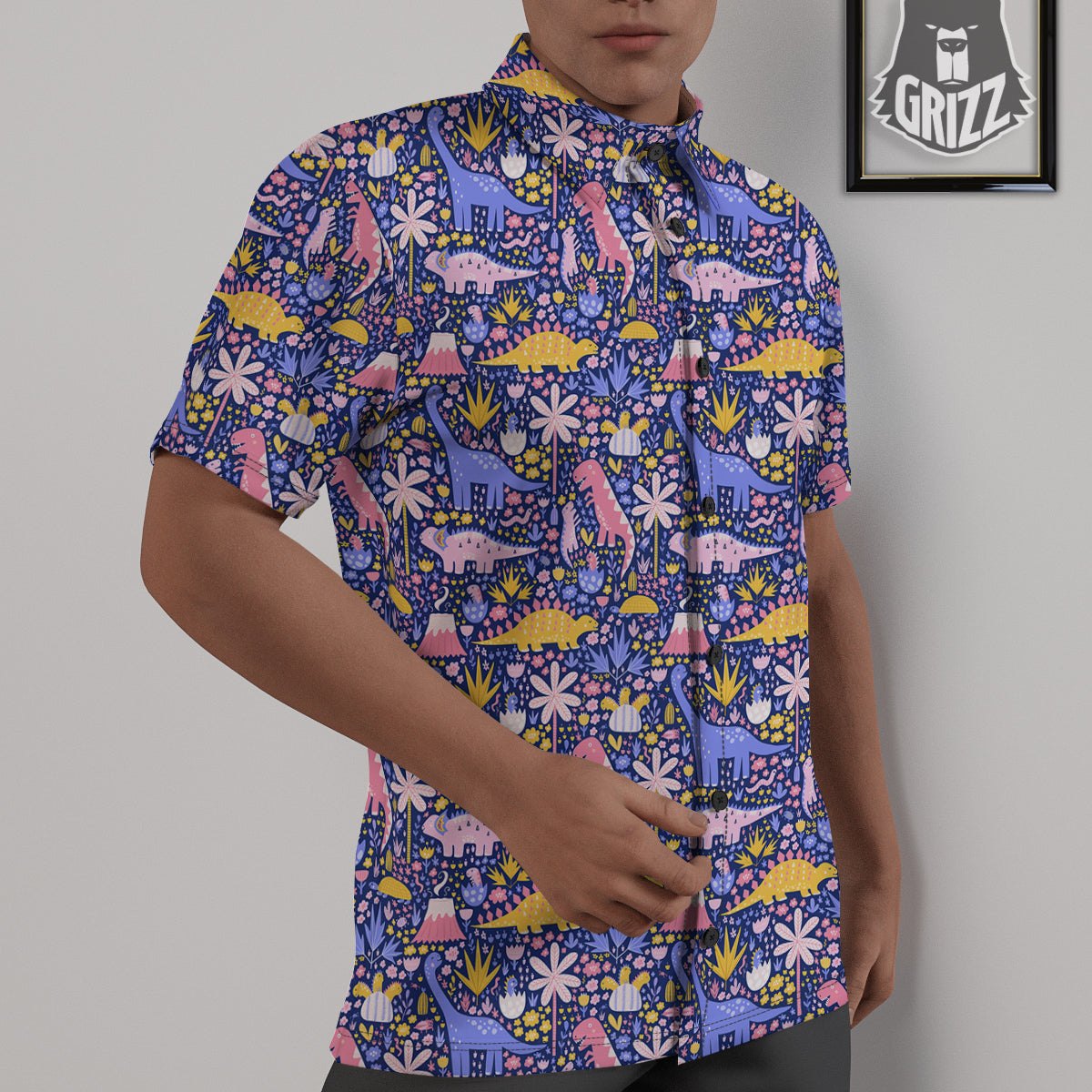 Floral And Cute Dinosaur Print Pattern Untucked Shirts-grizzshop