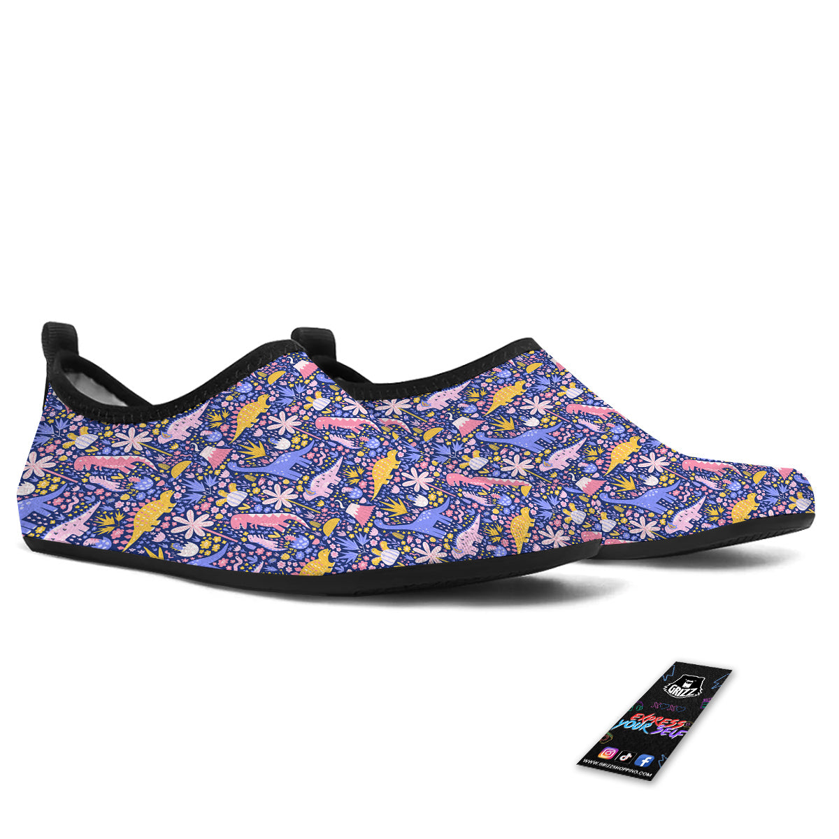 Floral And Cute Dinosaur Print Pattern Water Shoes-grizzshop