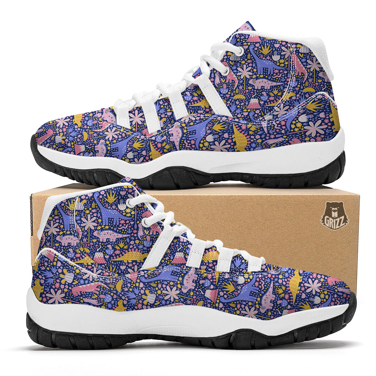 Floral And Cute Dinosaur Print Pattern White Bball Shoes-grizzshop