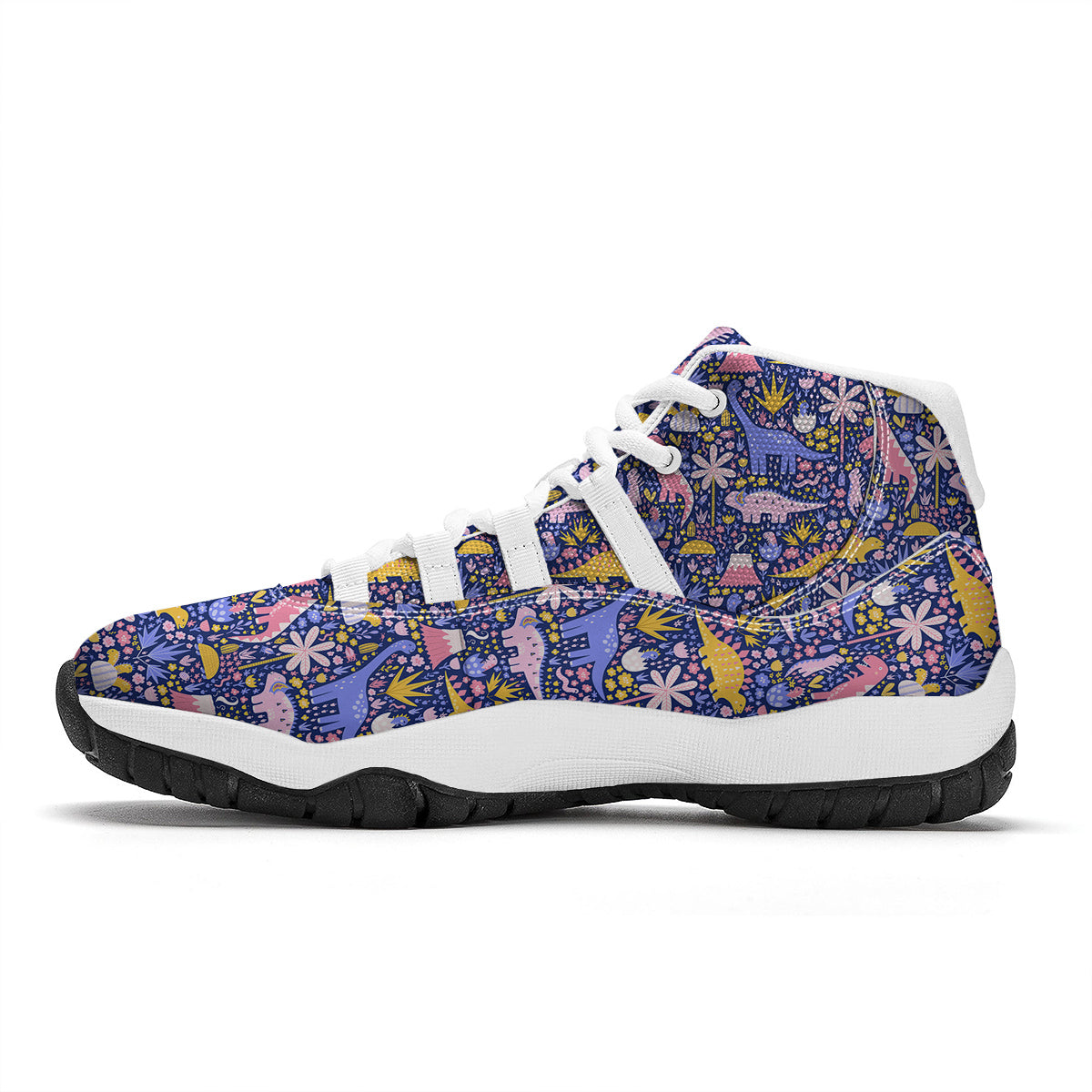 Floral And Cute Dinosaur Print Pattern White Bball Shoes-grizzshop