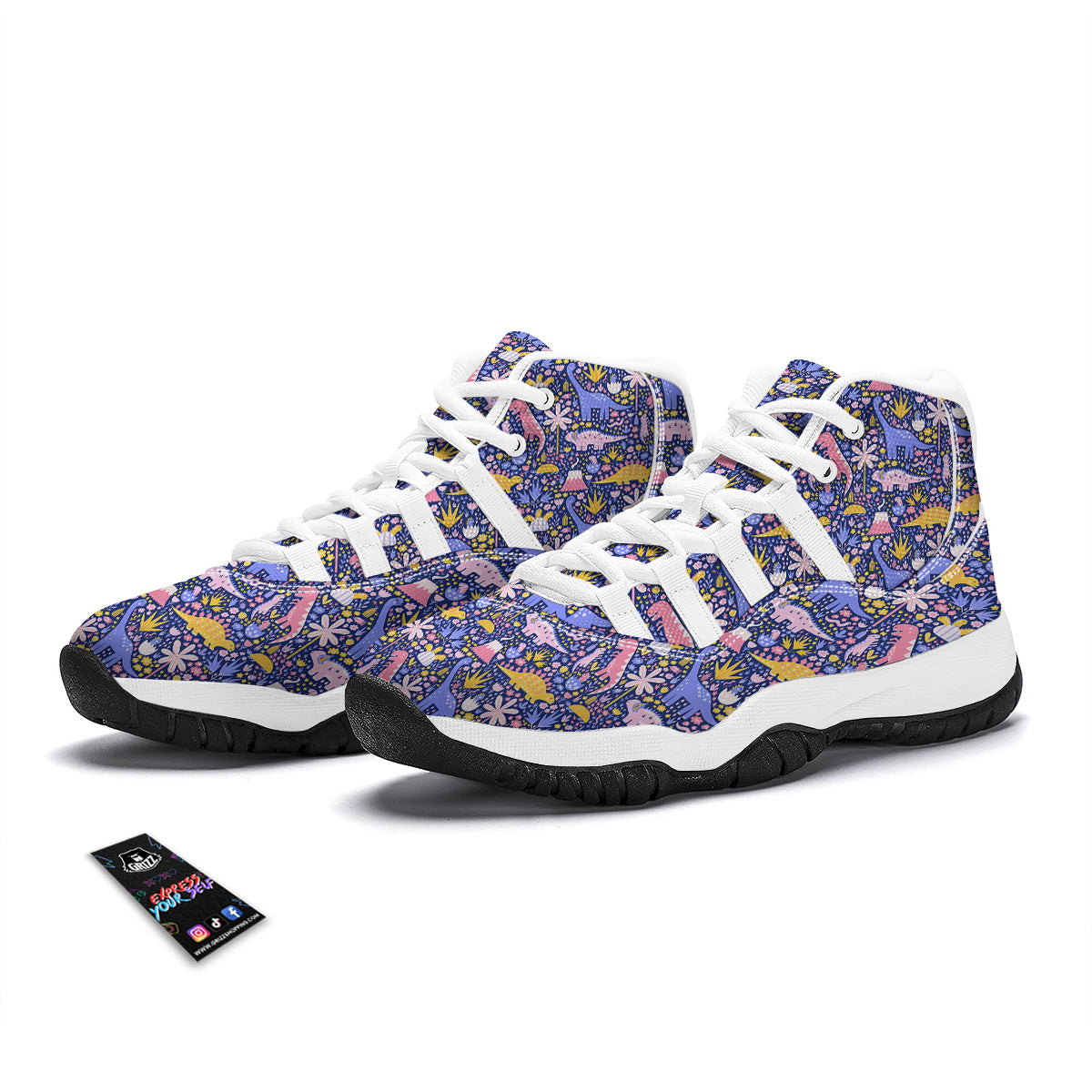 Floral And Cute Dinosaur Print Pattern White Bball Shoes-grizzshop
