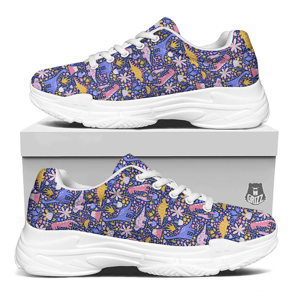 Floral And Cute Dinosaur Print Pattern White Chunky Shoes-grizzshop