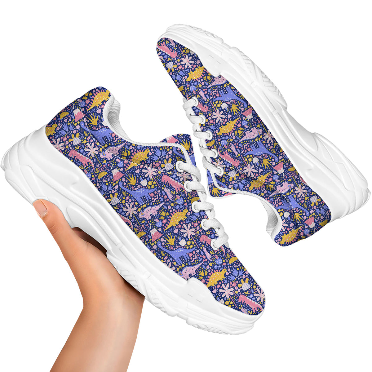 Floral And Cute Dinosaur Print Pattern White Chunky Shoes-grizzshop