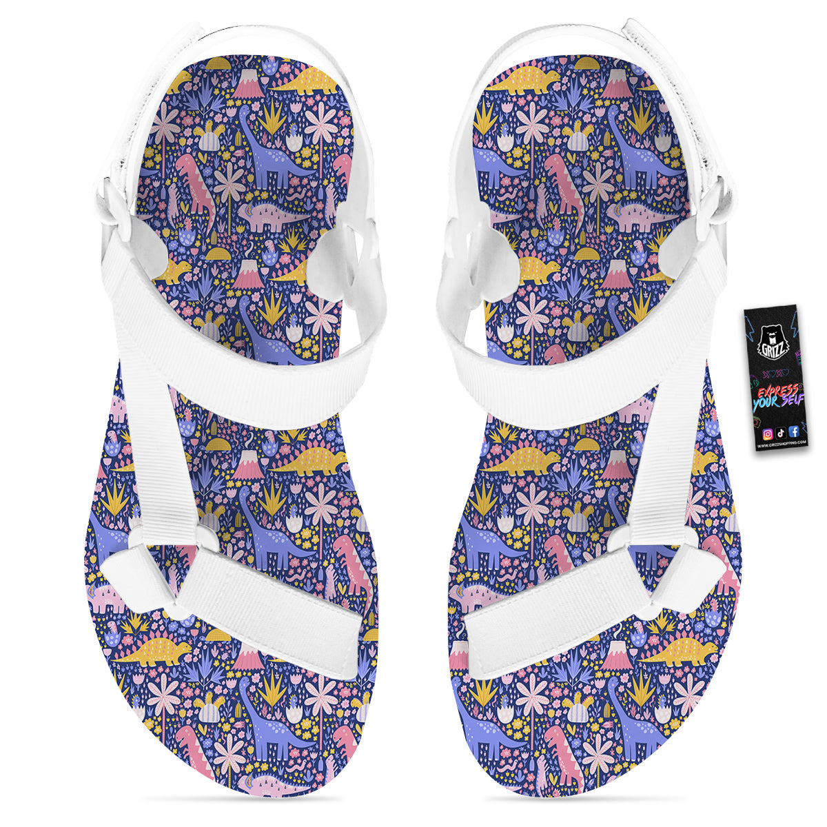 Floral And Cute Dinosaur Print Pattern White Open Toe Sandals-grizzshop