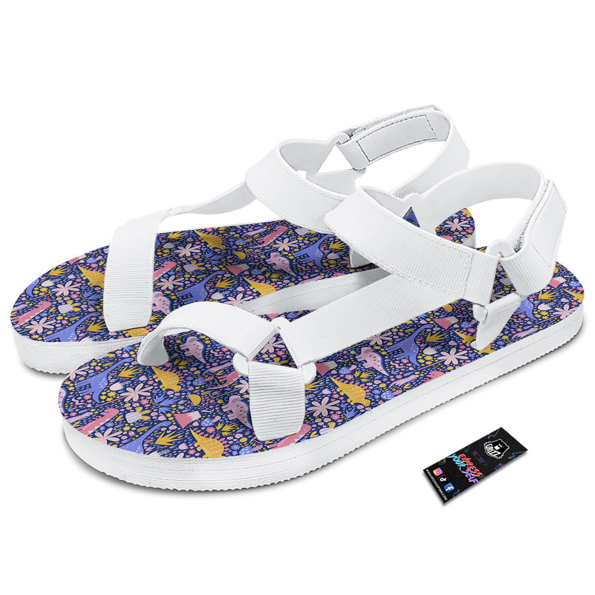 Floral And Cute Dinosaur Print Pattern White Open Toe Sandals-grizzshop