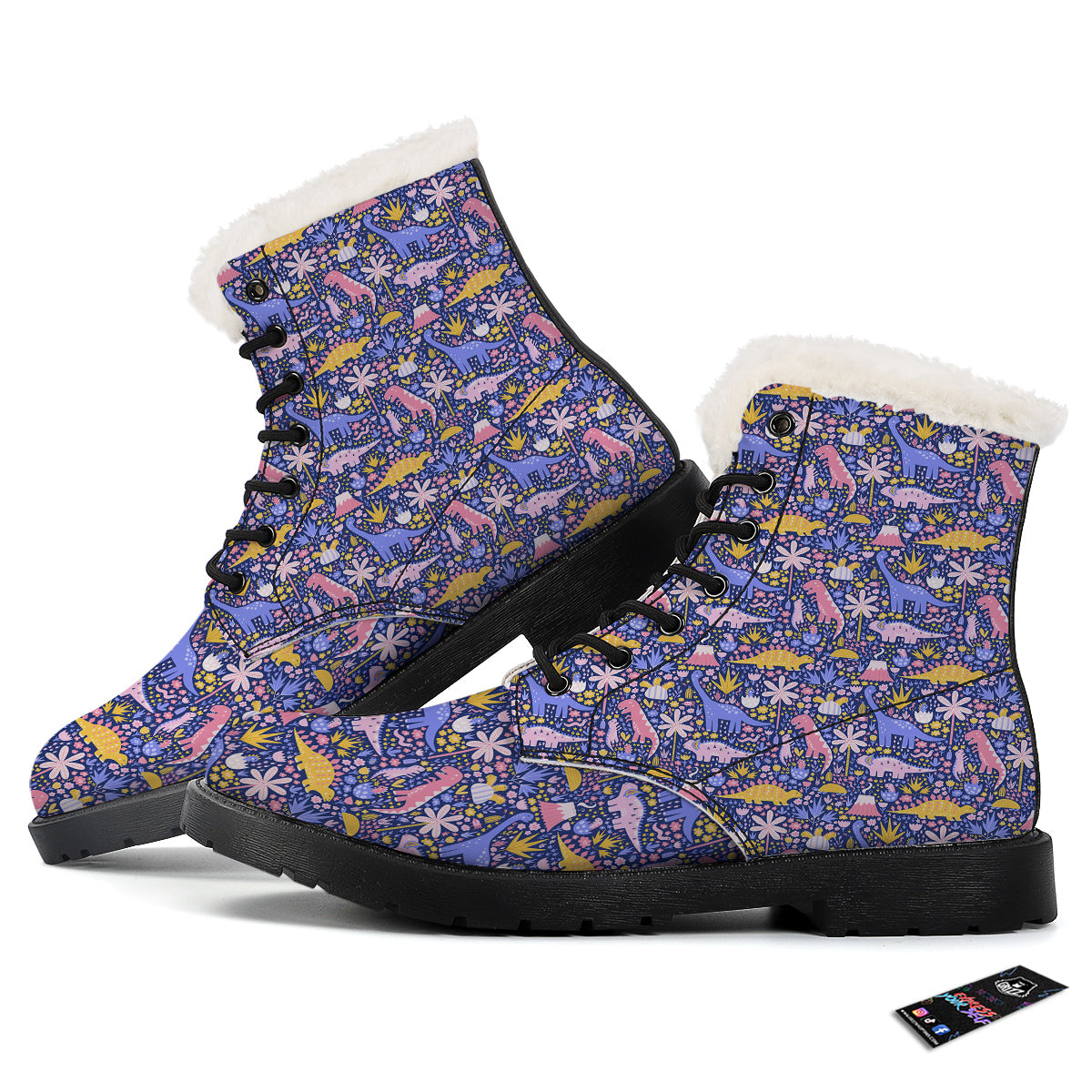 Floral And Cute Dinosaur Print Pattern Winter Boots-grizzshop