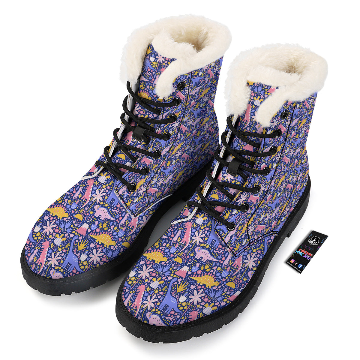 Floral And Cute Dinosaur Print Pattern Winter Boots-grizzshop