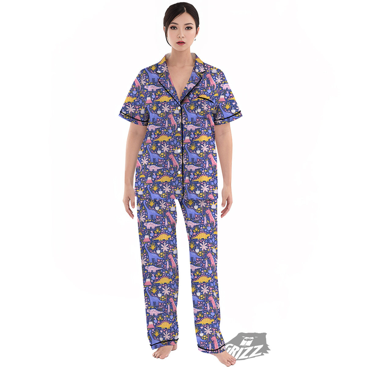 Floral And Cute Dinosaur Print Pattern Women's Pajamas Set-grizzshop