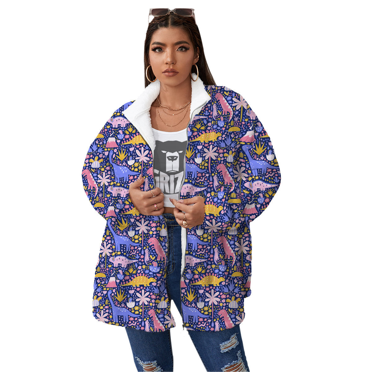 Floral And Cute Dinosaur Print Pattern Women's Sherpa Jacket-grizzshop