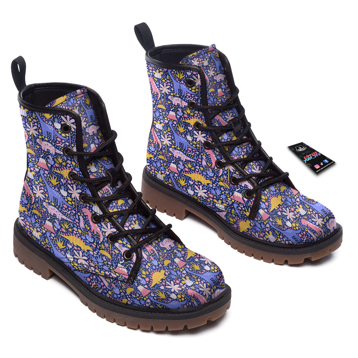 Floral And Cute Dinosaur Print Pattern Work Boots-grizzshop
