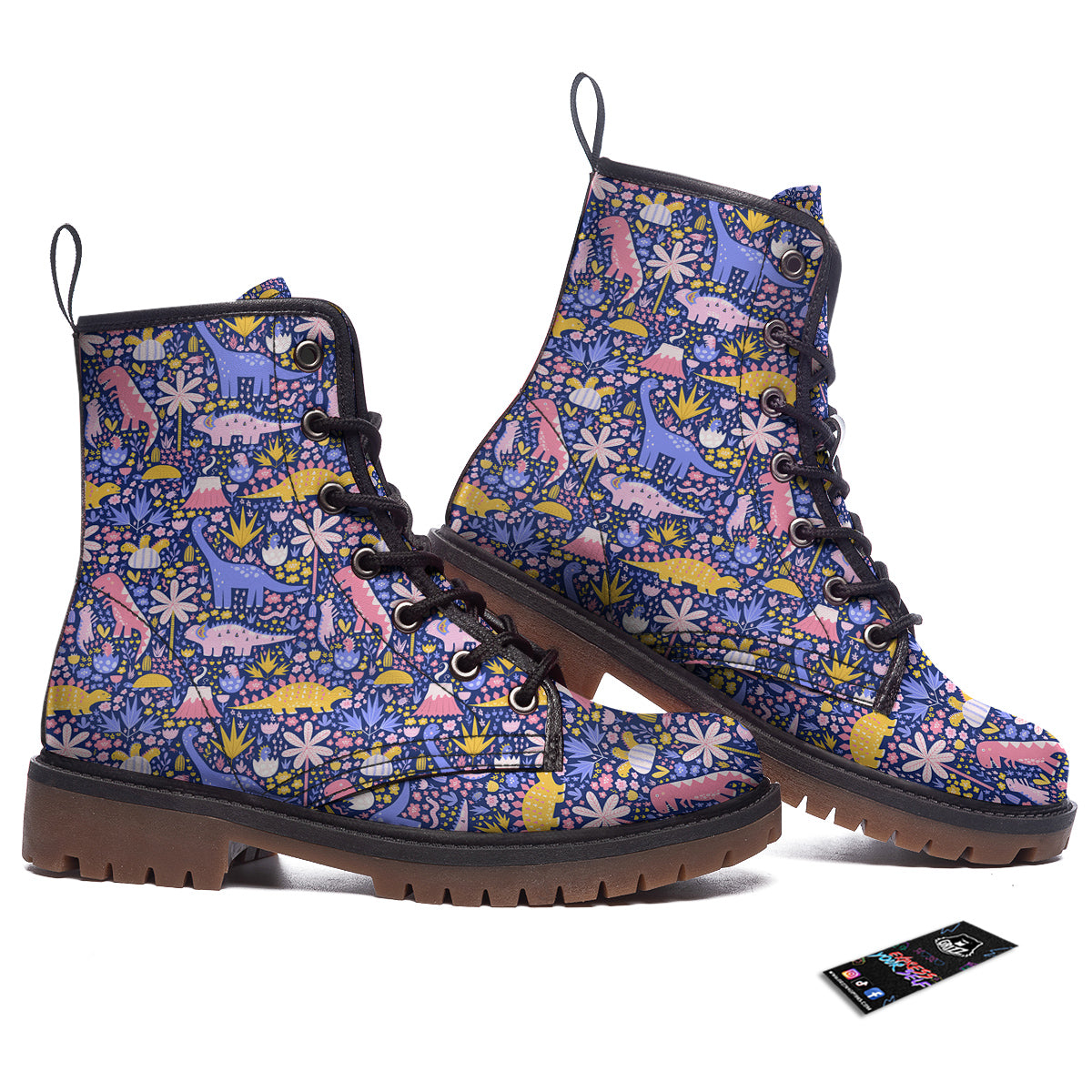 Floral And Cute Dinosaur Print Pattern Work Boots-grizzshop