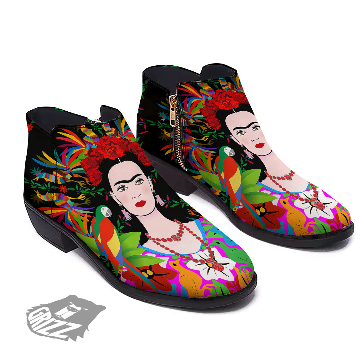 Floral And Frida Kahlo Print Ankle Boots-grizzshop