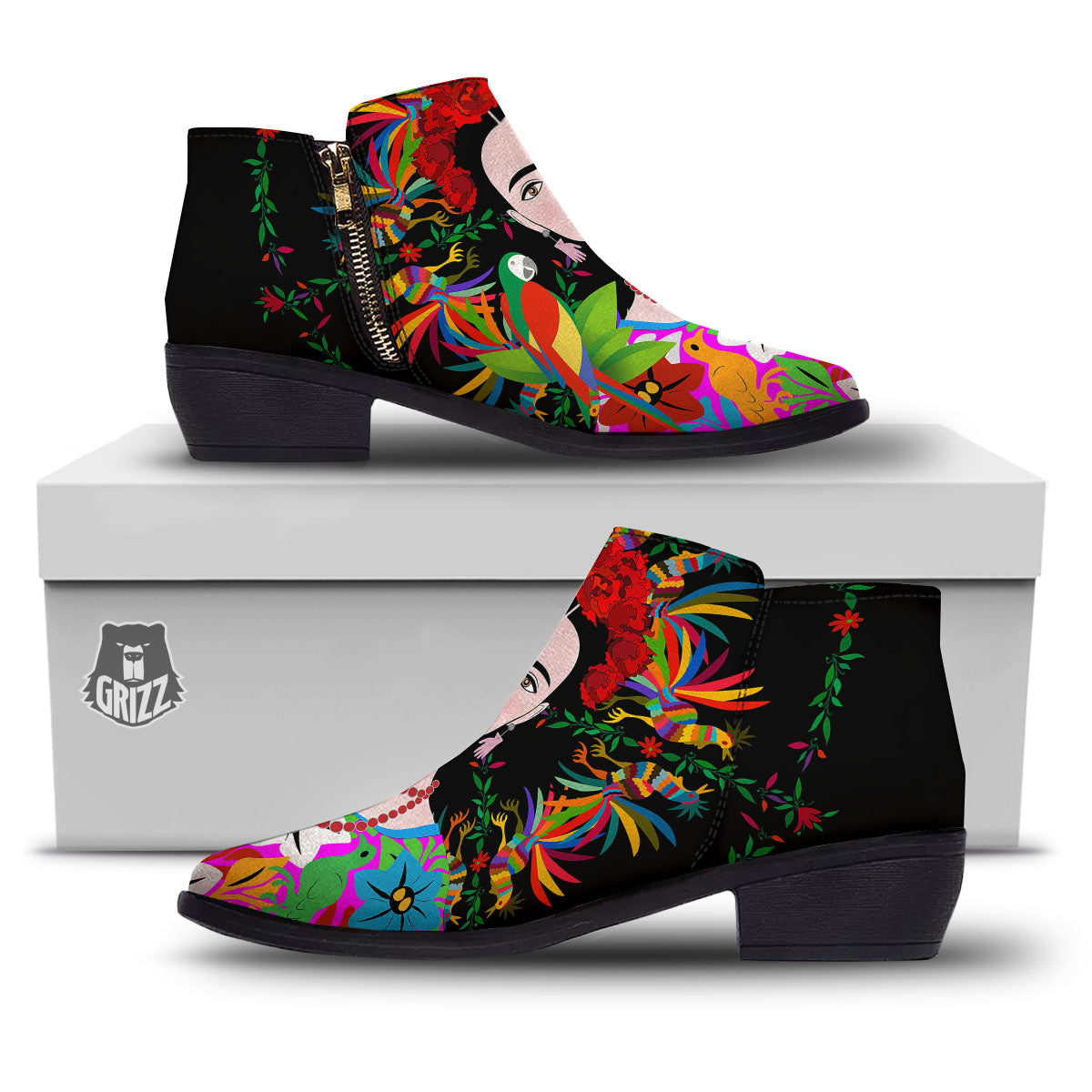 Floral And Frida Kahlo Print Ankle Boots-grizzshop