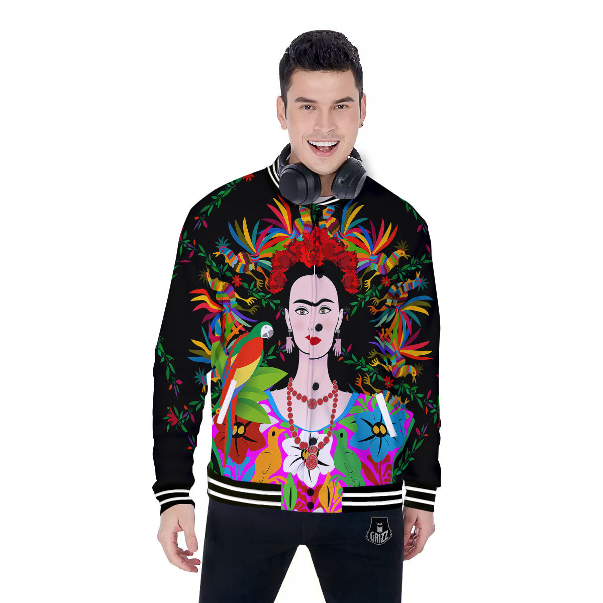 Floral And Frida Kahlo Print Baseball Jacket-grizzshop